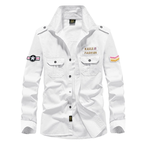 Herren Langarm Militär Taktisches Cargo Hemd Reine Baumwolle Lockere Passform Outdoor Hemd Mit Schulterklappen Und Stickerei Aufnäher Daily Work Hemd Für Männer