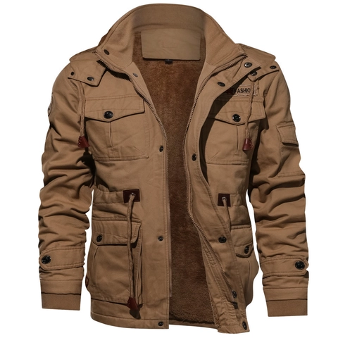Men's Fleece Lined Workwear Jacket Hooded Winter Warm Cotton Coat With Multi Pockets Casual Thick Parka Outerwear Men