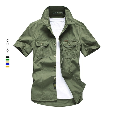 Herren Kurzarm Cargohemd Aus 100% Baumwolle Mehrere Taschen Casual Outdoor Militär Stil Hemd Oberteil Für Den Sommer