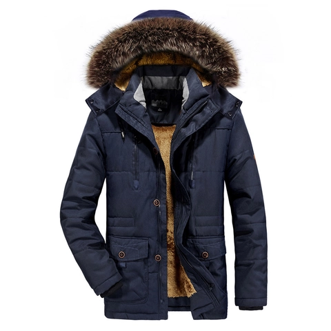 Men Heavyweight Winter Parka Jacket With Large Faux Fur Collar Fleece Lined Hood Warm Windproof Multi Pocket Cotton Coat