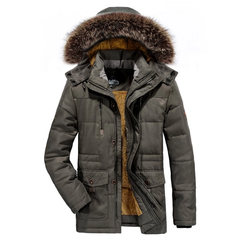Men Heavyweight Winter Parka Jacket With Large Faux Fur Collar Fleece Lined Hood Warm Windproof Multi Pocket Cotton Coat