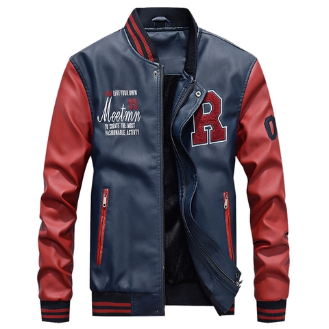 Heren PU Leren Varsity Jas Letter Borduurwerk Ribgebreide Boord Contrast Mouw Casual Streetwear Baseball Bomberjack