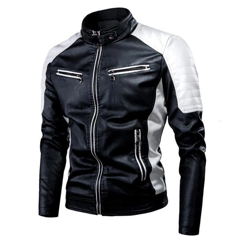 Giacca da Moto in Pelle PU Slim Fit da Uomo Vintage Blocco di Colore Collo alla Coreana Cappotto per Primavera Autunno