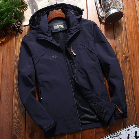 Men Outdoor Windproof Hooded Jacket 100% Nylon Casual Zip Up Coat Multi Pocket Mesh Lining Breathable Solid Color Top