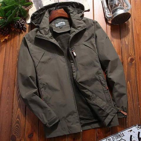 Men Outdoor Windproof Hooded Jacket 100% Nylon Casual Zip Up Coat Multi Pocket Mesh Lining Breathable Solid Color Top