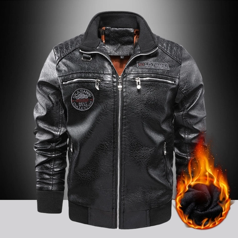 Herren Vintage Stehkragen PU Lederjacke Fleece Gefüttert Winddicht Motorrad Bomberjacke Stickerei Patches Winter Outwear