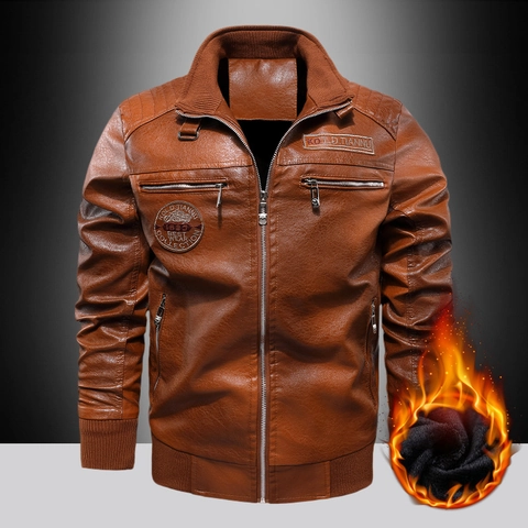 Herren Vintage Stehkragen PU Lederjacke Fleece Gefüttert Winddicht Motorrad Bomberjacke Stickerei Patches Winter Outwear