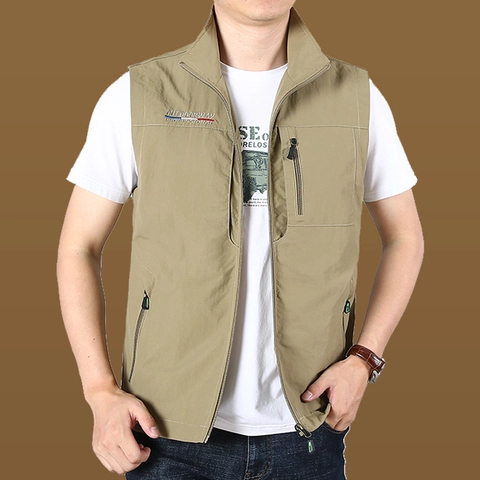 Herren Schnelltrocknend Nylon Outdoor Weste Multi-Taschen Stehkragen Winddicht Atmungsaktiv Weste Angeln Wandern Sport Top