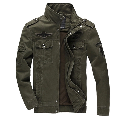 Men Military Style Cotton Jacket Casual Multi-Pocket Stand Collar Cargo Jacket Army Embroidered Badge Outdoor Spring Coat