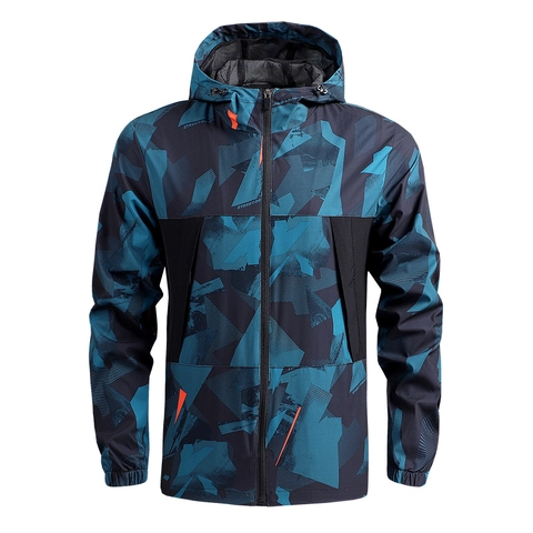 Heren Outdoor Lichtgewicht Windjack Met Capuchon Geometrische Camouflage Geprint Sneldrogend Casual Wandelen Sportkleding Top