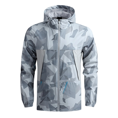 Heren Outdoor Lichtgewicht Windjack Met Capuchon Geometrische Camouflage Geprint Sneldrogend Casual Wandelen Sportkleding Top