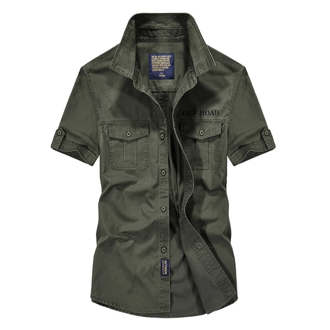 Heren Cargo Kort Overhemd Puur Katoen Ademend Casual Ruim Outdoor Button Down Top Met Zakken OFF-ROAD Borduurwerk