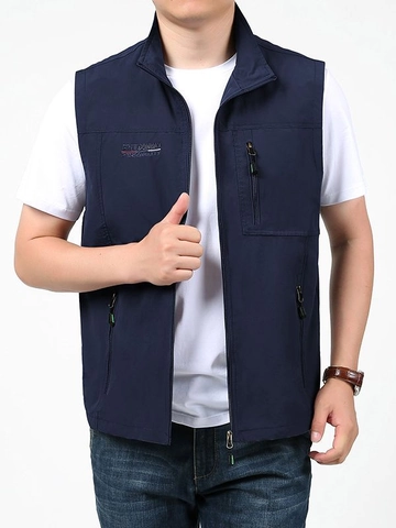 Gilet de Pêche Extérieur pour Hommes Léger à Séchage Rapide Multi Poches Col Montant Veste sans Manches Décontractée