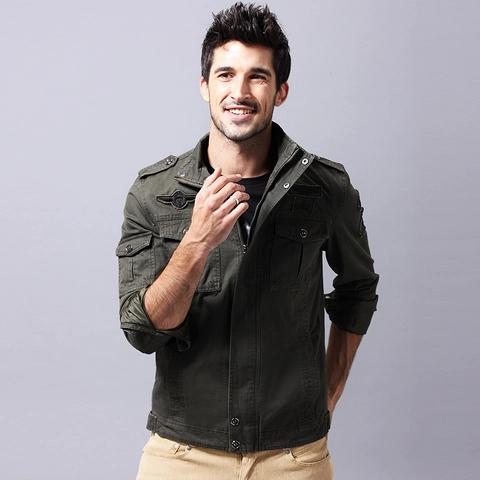 Men's Military Tactical Cargo Jacket Loose Fit Cotton Canvas Outdoor Coat With Multi Pockets Stand Collar For Autumn