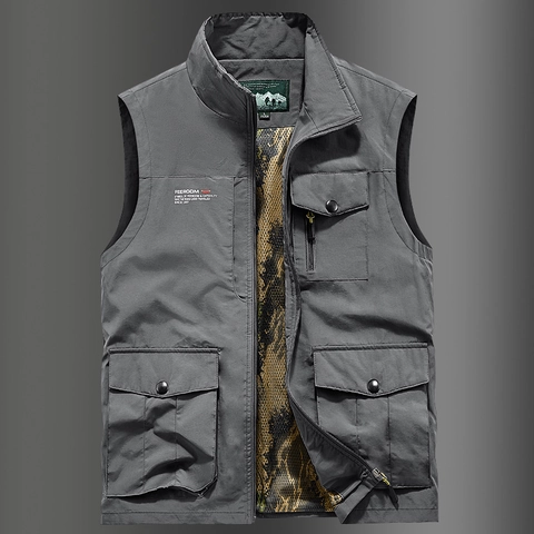 Chaleco Utilitario Multibolsillo Hombre Nailon Forro de Malla Fotografía Pesca Aire Libre Chaqueta sin Mangas Cuello Alzado Casual