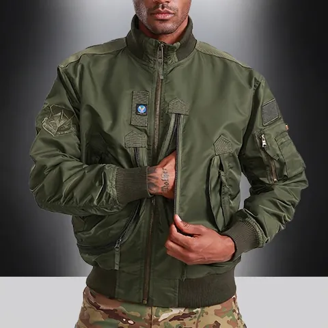Chaqueta Bomber de Vuelo para Hombre Táctica Cortavientos de Nilón Ropa de Abrigo Estilo Militar Cuello Alto Con Parches