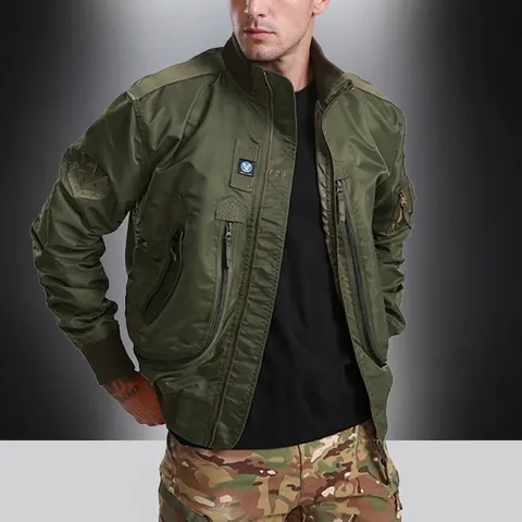 Chaqueta Bomber de Vuelo para Hombre Táctica Cortavientos de Nilón Ropa de Abrigo Estilo Militar Cuello Alto Con Parches
