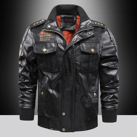 Chaqueta de Cuero Sintético PU para Hombre Militar Workwear Cuello Alto Retro Bomber Abrigo Con Multi Bolsillos Para Otoño