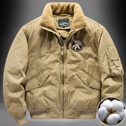 Men Winter Pilot Jacket Thickened Faux Fur Collar Workwear Cotton Coat Military Flight Jacket Outdoor Warm Padded Outerwear