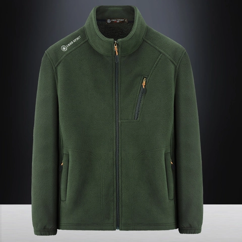 Mens Fleece Jacket Stand Collar Full Zip Polar Fleece Coat Outdoor Casual Solid Color Soft Thermal Jacket Outerwear