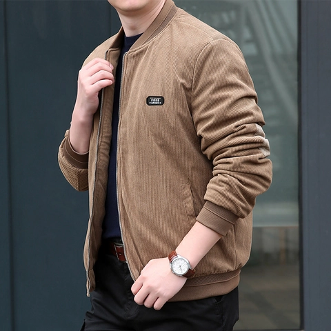 Men Casual Corduroy Bomber Jacket With Quilted Lining Warm Stand Collar Zipper Ribbed Trim Solid Color Outerwear For Men Autumn Winter Coat