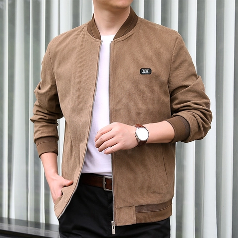 Men Vintage Corduroy Jacket Stand Collar Zip Up Bomber Jacket Casual Solid Color Outerwear Coat With Ribbed Cuffs And Patch For Men