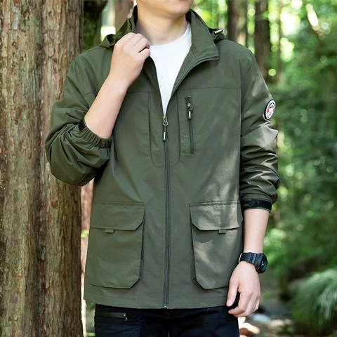 Chaqueta con Capucha para Hombre de Exterior Cortavientos de Nylon Cargo Multi-Bolsillos Abrigo Deportivo Casual para Hombre