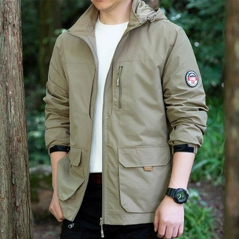 Chaqueta con Capucha para Hombre de Exterior Cortavientos de Nylon Cargo Multi-Bolsillos Abrigo Deportivo Casual para Hombre