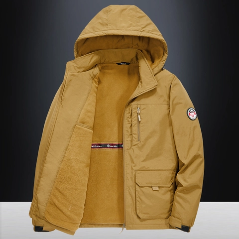 Men Outdoor Hooded Fleece Lined Jacket Windproof Nylon Shell Multi Pockets Work Casual Warm Coat For Men Outerwear