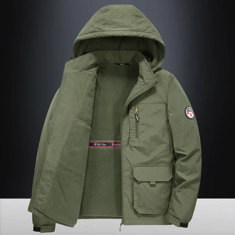 Giacca da Uomo con Cappuccio Foderata in Pile Antivento Esterno in Nylon Tasche Multiple Cappotto Caldo Casual