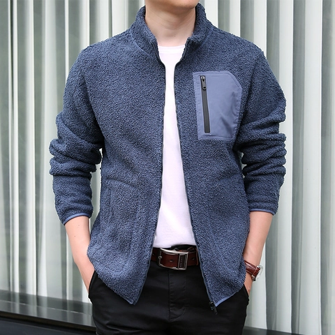 Men's Fleece Jacket Stand Collar Zipper Pocket Warm Winter Fall Coat Casual Urban Solid Color Long Sleeve Outerwear For Men