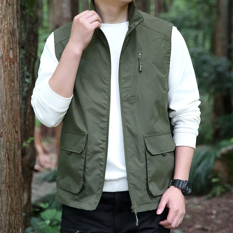Men's Outdoor Multi-Pocket Cargo Vest Stand Collar Casual Utility Waistcoat Lightweight Nylon Polyamide Jacket For Men