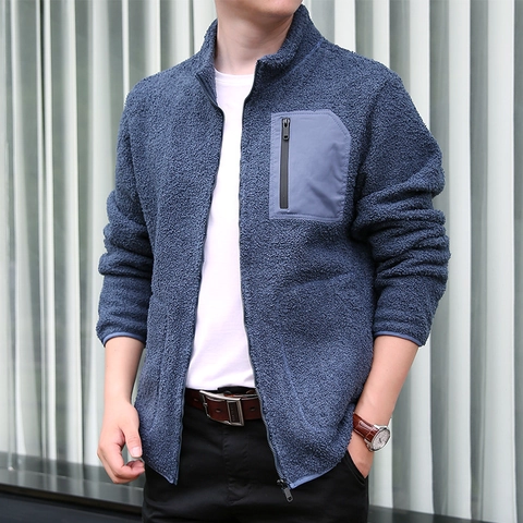 Men's Fleece Jacket Stand Collar Zipper Pocket Warm Winter Fall Coat Casual Urban Solid Color Long Sleeve Outerwear For Men