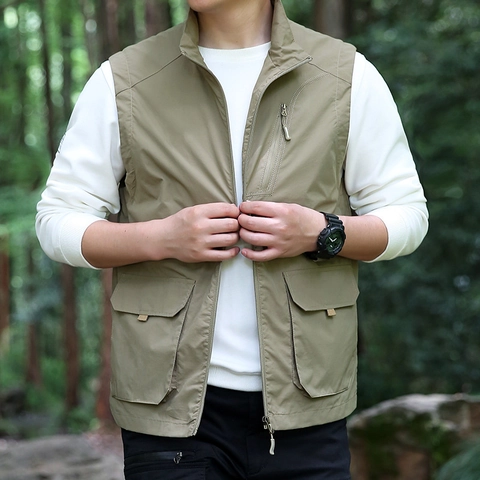 Men's Outdoor Multi-Pocket Cargo Vest Stand Collar Casual Utility Waistcoat Lightweight Nylon Polyamide Jacket For Men