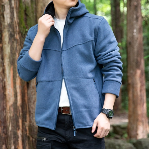 Men Outdoor Polar Fleece Jacket Warm Hooded Zip Up Coat Windproof Solid Color Outerwear For Hiking Casual Sporty Style