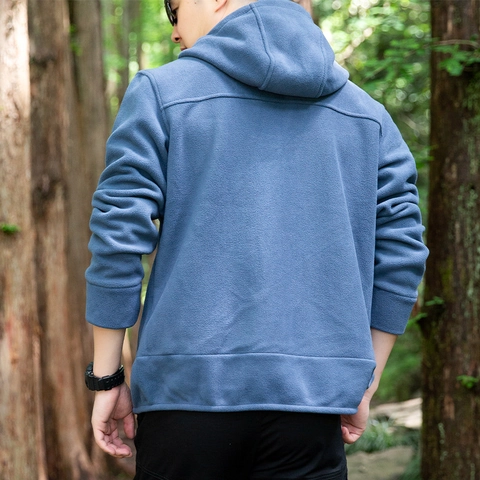 Men Outdoor Polar Fleece Jacket Warm Hooded Zip Up Coat Windproof Solid Color Outerwear For Hiking Casual Sporty Style