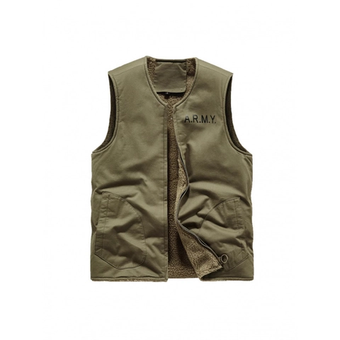Men's Vintage Amekaji Military Vest Cotton Canvas Waistcoat Sherpa Fleece Lined Winter Warm Sleeveless Jacket Army Print Workwear Casual Outdoor Outerwear For Men