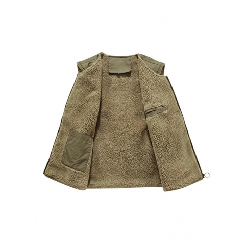 Men's Vintage Amekaji Military Vest Cotton Canvas Waistcoat Sherpa Fleece Lined Winter Warm Sleeveless Jacket Army Print Workwear Casual Outdoor Outerwear For Men