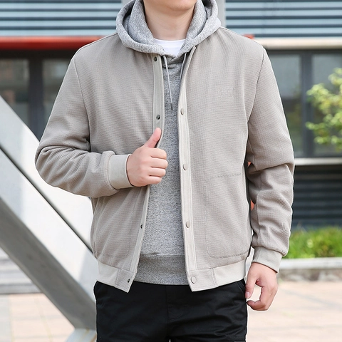 Men Casual Waffle Texture Jacket Urban Street Fashion Solid Color Snap Button Stand Collar Outerwear Coat For Autumn