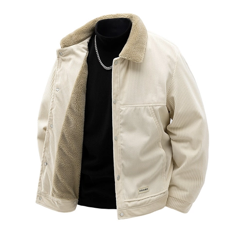 Men Retro Corduroy Jacket Sherpa Lined Fleece Collar Thickened Windproof Outerwear Button Up Functional Coat For Winter Casual Wear
