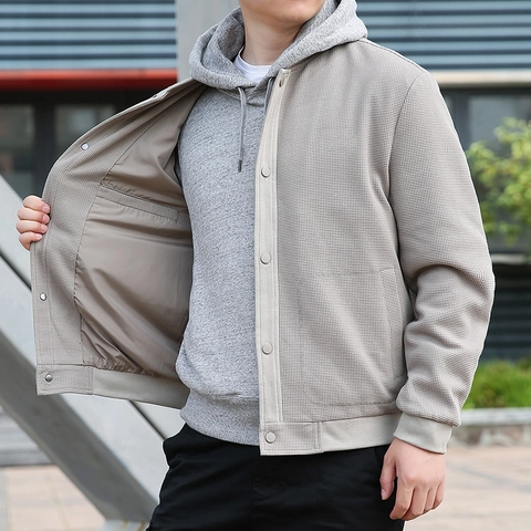 Men Casual Waffle Texture Jacket Urban Street Fashion Solid Color Snap Button Stand Collar Outerwear Coat For Autumn