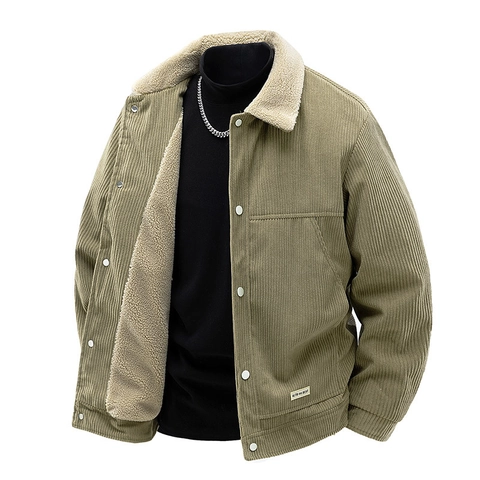 Men Retro Corduroy Jacket Sherpa Lined Fleece Collar Thickened Windproof Outerwear Button Up Functional Coat For Winter Casual Wear