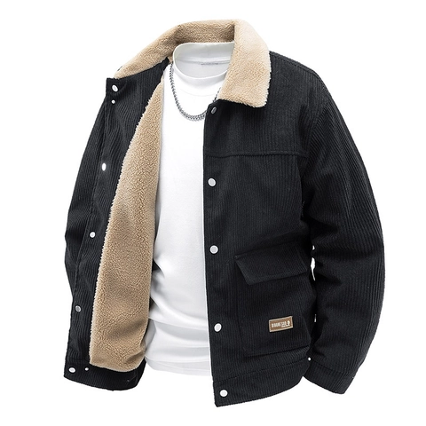 Men Retro Corduroy Jacket Sherpa Fleece Lining Warm Winter Outerwear Casual Lapel Single Breasted Functional Work Coat