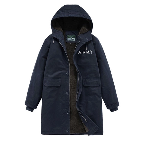 Parka da Uomo di Media Lunghezza con Cappuccio Giacca da Ponte N1 Militare Vintage Fodera in Pile di Agnello Calda Cappotto Invernale Imbottito in Cotone con Stampa Army