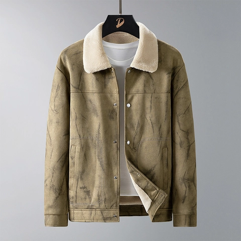 Men's Suede Jacket Faux Lamb Wool Fleece Lined Warm Windproof Casual Outdoor Vintage Lapel Workwear Winter Male Coat