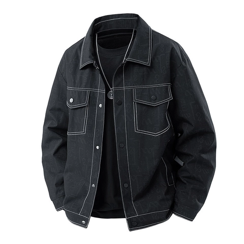 Chaqueta de Trabajo Casual para Hombre Con Costuras en Contraste Patrón de Monograma Solapa de Tendencia Abrigo de Botonadura Sencilla