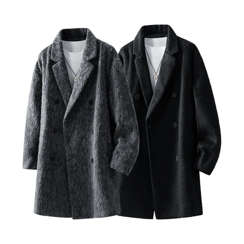 Heren Wollen Jas Half Lang Double Breasted Revers Winter Casual Trenchcoat Koreaanse Stijl Warme Dikke Jas Bovenkleding