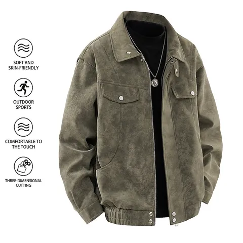 Men Vintage PU Leather Flight Jacket Heavyweight American Style Motorcycle Jacket Lapel Loose Zipper Cargo Jacket For Autumn