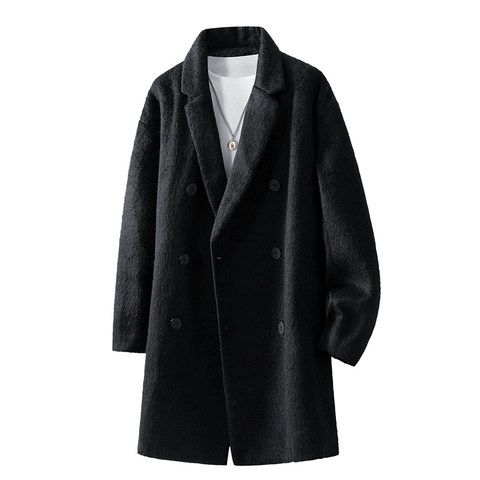 Heren Wollen Jas Half Lang Double Breasted Revers Winter Casual Trenchcoat Koreaanse Stijl Warme Dikke Jas Bovenkleding