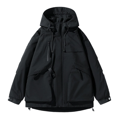 Men's Techwear Jacket Hooded Multi-Pocket Utility Coat Vintage Loose Fit Cargo Windproof Polyester Outerwear Top